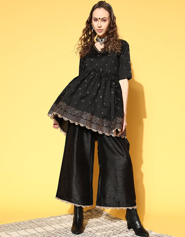 Trendy Function Readymade Suit Collection Black Poly Silk Palazzo Suit Front View