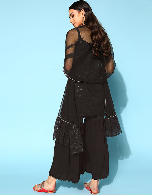 Trendy Function Readymade Suit Collection Black Net Sharara Suit Close-up View