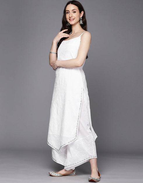 Trendy Function Readymade Suit Collection White Cotton Palazzo Straight Back View