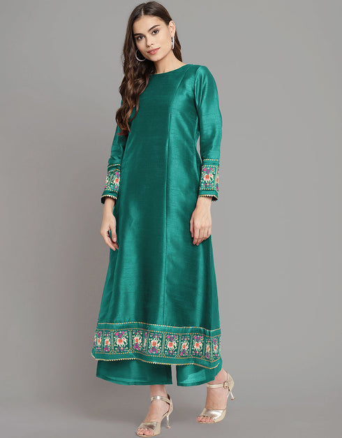 Trendy Function Readymade Suit Collection Sea Green Art Silk Palazzo Straight Back View