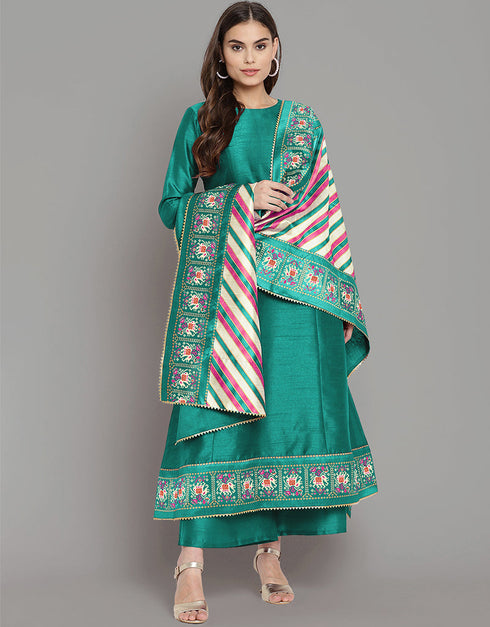 Trendy Function Readymade Suit Collection Sea Green Art Silk Palazzo Straight Front View