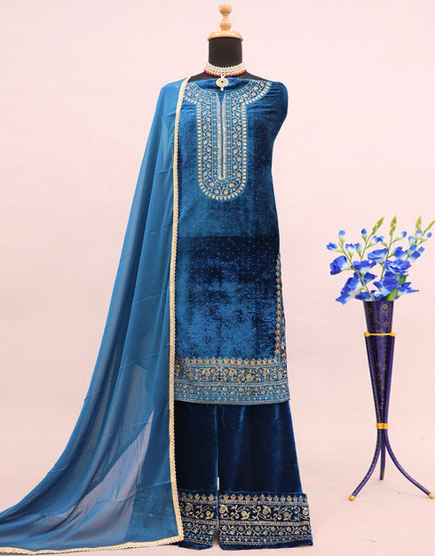 Traditional Party Wear Velvet Salwar Suit Blue Velvet Palazzo Straight Back View