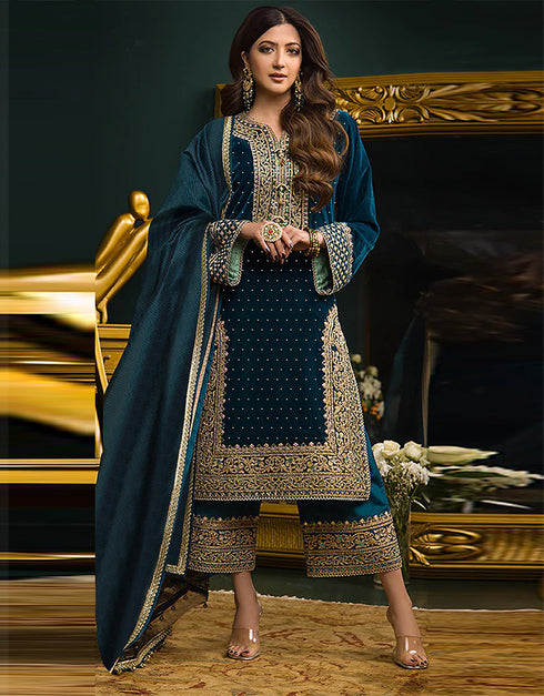 Traditional Party Wear Velvet Salwar Suit Blue Velvet Palazzo Straight Front View