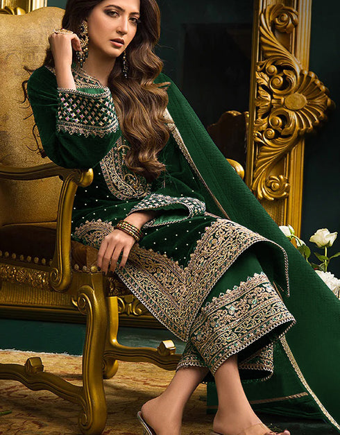 Traditional Party Wear Velvet Salwar Suit Green Velvet Palazzo Straight Close-up View