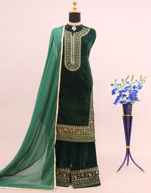 Traditional Party Wear Velvet Salwar Suit Green Velvet Palazzo Straight Back View