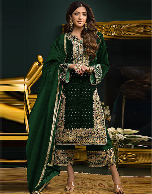 Traditional Party Wear Velvet Salwar Suit Green Velvet Palazzo Straight Front View