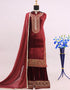 Traditional Party Wear Velvet Salwar Suit Maroon Velvet Palazzo Straight Back View
