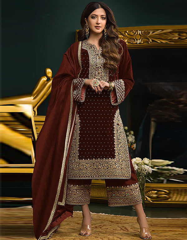 Traditional Party Wear Velvet Salwar Suit Maroon Velvet Palazzo Straight Front View