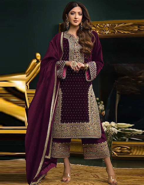 Traditional Party Wear Velvet Salwar Suit Purple Velvet Palazzo Straight Front View