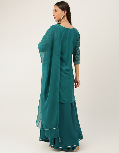Trendy Function Readymade Suit Collection Teal Crepe Palazzo Straight Close-up View