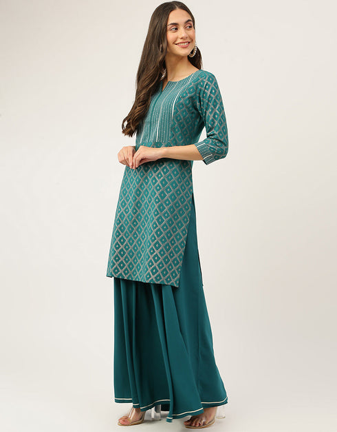 Trendy Function Readymade Suit Collection Teal Crepe Palazzo Straight Side View