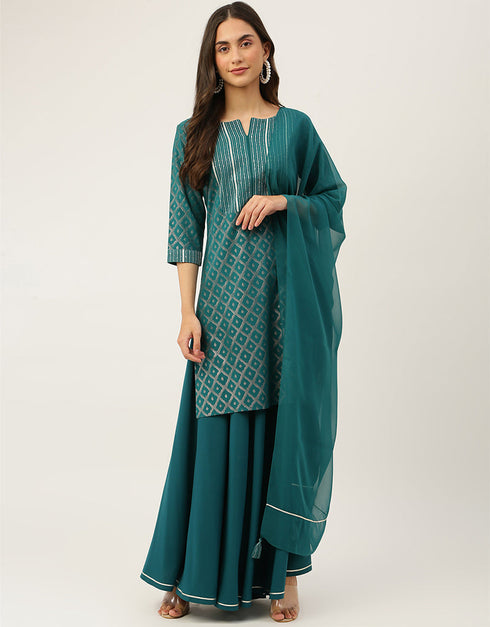 Trendy Function Readymade Suit Collection Teal Crepe Palazzo Straight Front View