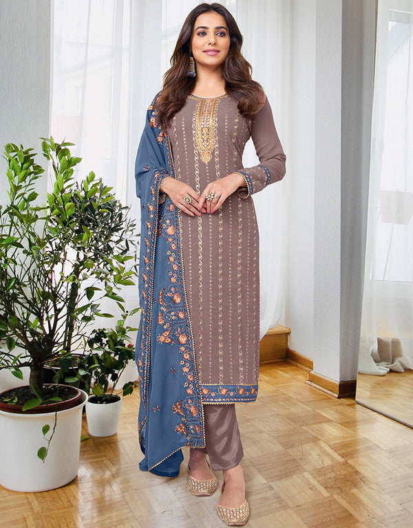 Traditional Party Wear Velvet Salwar Suit Mauve Georgette Pant Straight Front View