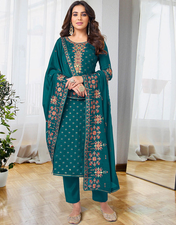 Traditional Party Wear Velvet Salwar Suit Aqua Blue Georgette Pant Straight Front View