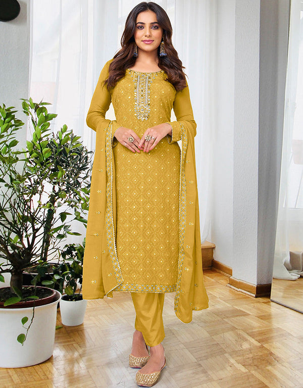 Traditional Party Wear Velvet Salwar Suit Yellow Georgette Pant Straight Front View
