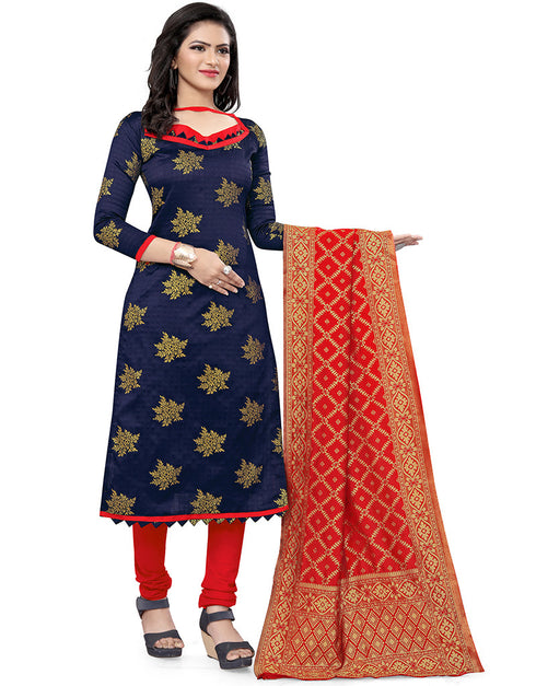 Traditional Party Wear Heavy Salwar Suit Blue Banarasi Silk Pant Straight Back View
