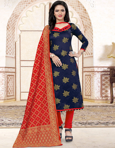 Traditional Party Wear Heavy Salwar Suit Blue Banarasi Silk Pant Straight Front View