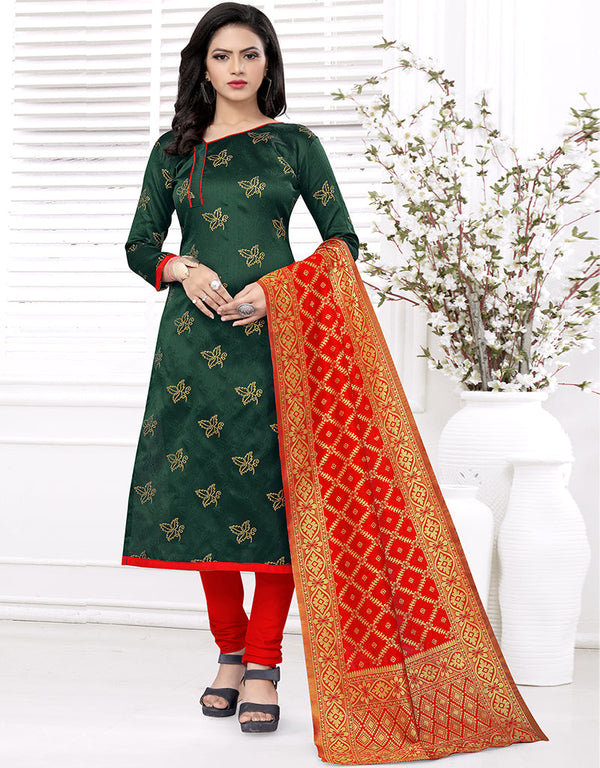 Traditional Party Wear Heavy Salwar Suit Green Banarasi Silk Pant Straight Front View