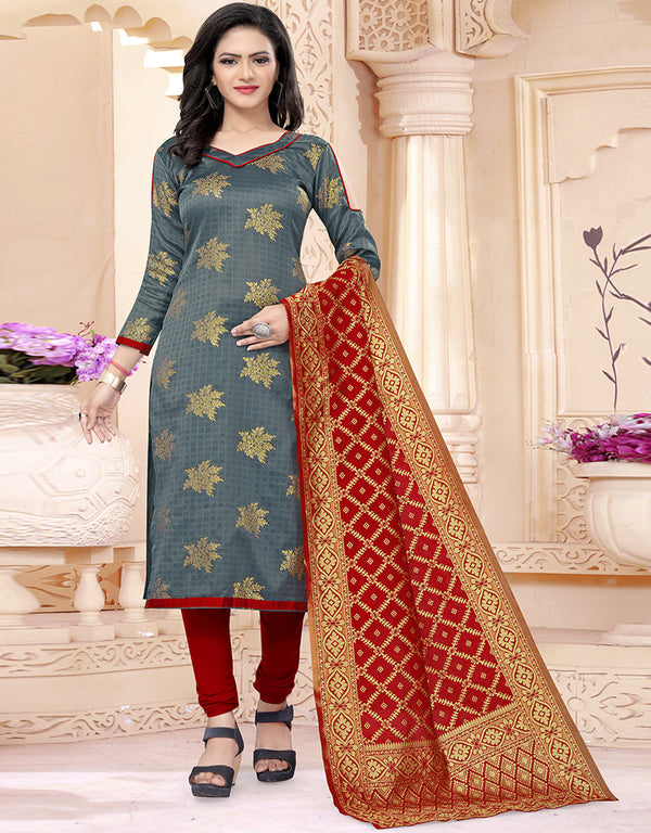 Traditional Party Wear Heavy Salwar Suit Grey Banarasi Silk Pant Straight Front View