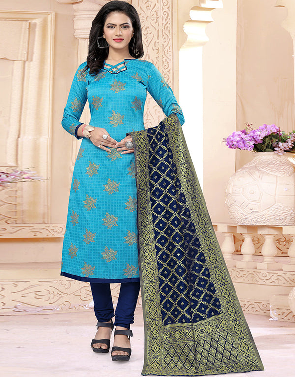 Traditional Party Wear Heavy Salwar Suit Sky Blue Banarasi Silk Pant Straight Front View