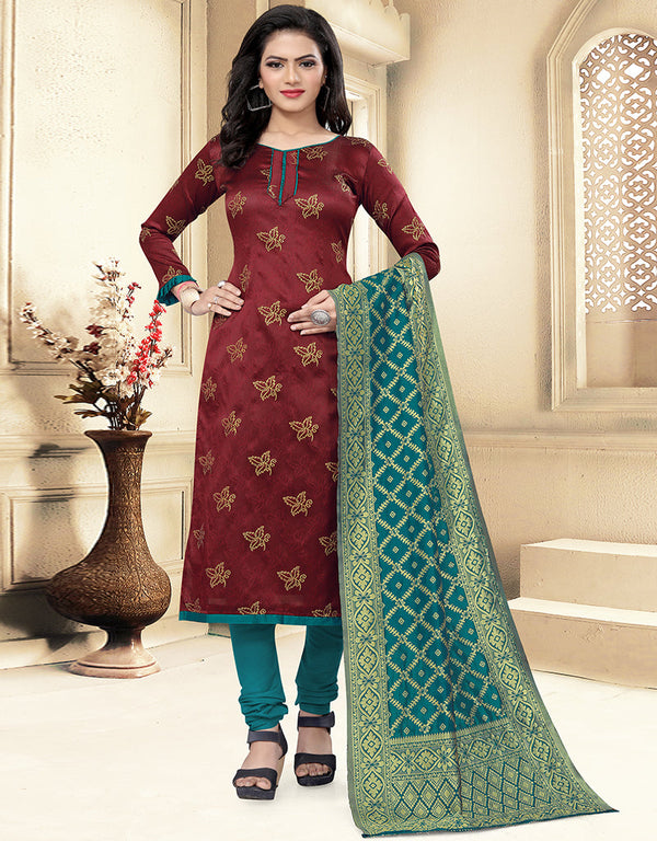 Traditional Party Wear Heavy Salwar Suit Maroon Banarasi Silk Pant Straight Front View