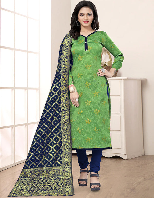 Traditional Party Wear Heavy Salwar Suit Parrot Green Banarasi Silk Pant Straight Front View