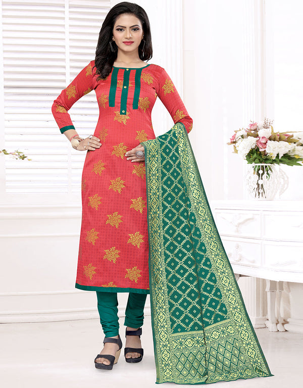 Traditional Party Wear Heavy Salwar Suit Red Banarasi Silk Pant Straight Front View