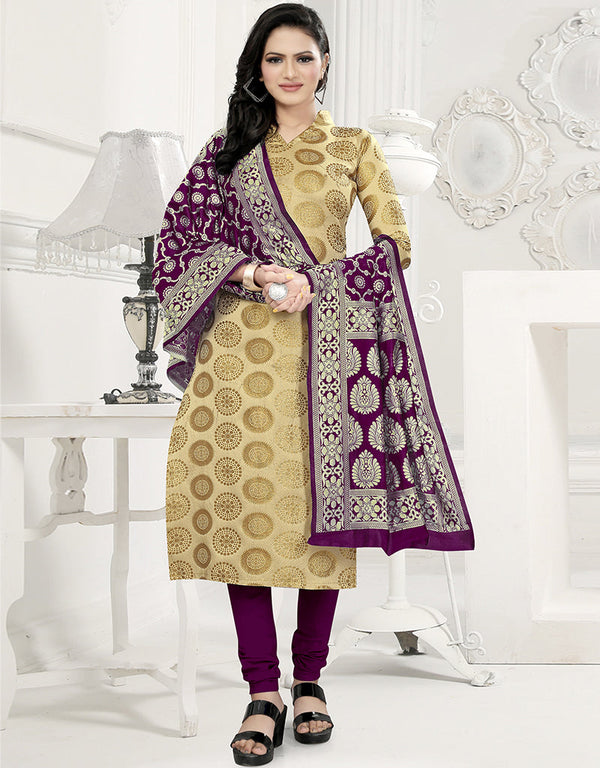 Traditional Party Wear Heavy Salwar Suit Beige Banarasi Silk Pant Straight Front View