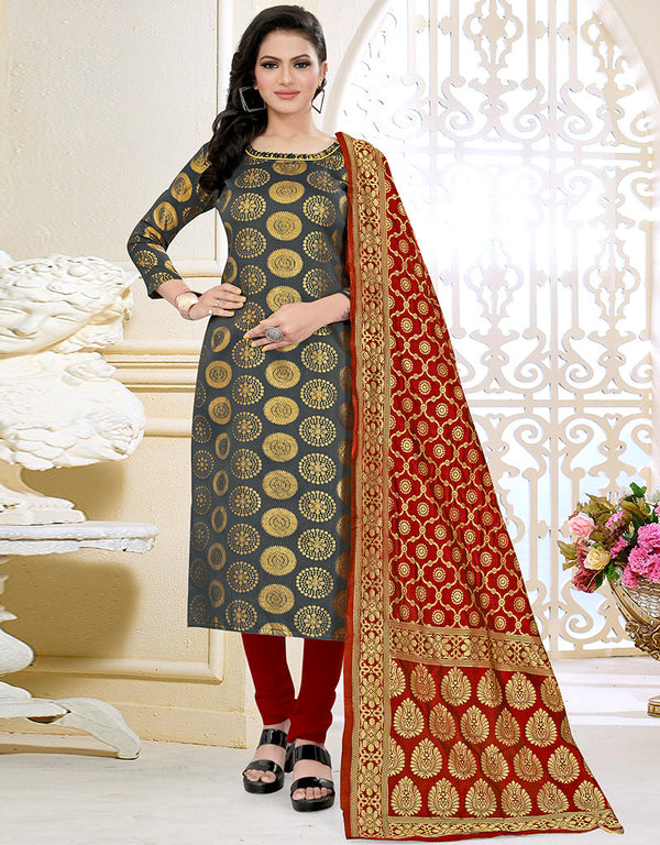 Traditional Party Wear Heavy Salwar Suit Grey Banarasi Silk Pant Straight Front View