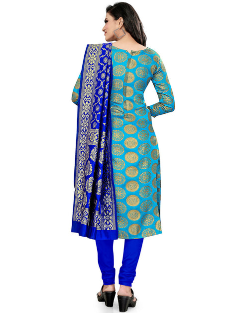Traditional Party Wear Heavy Salwar Suit Blue Banarasi Silk Pant Straight Close-up View
