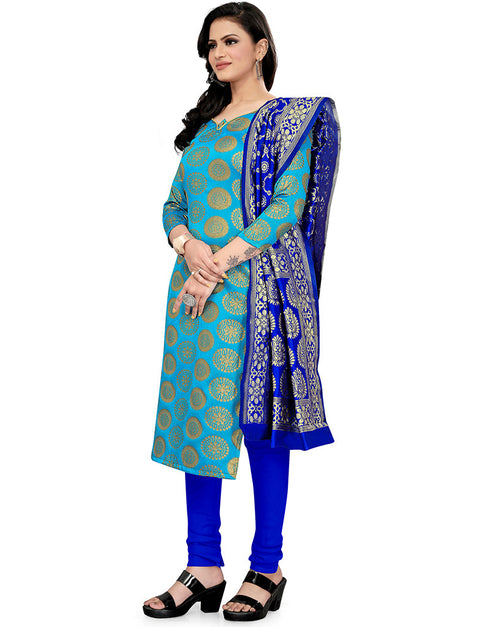 Traditional Party Wear Heavy Salwar Suit Blue Banarasi Silk Pant Straight Back View