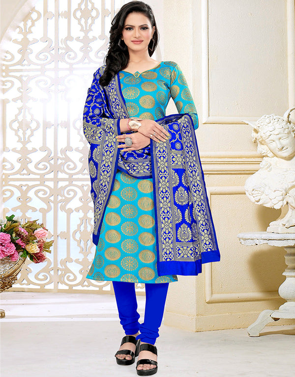 Traditional Party Wear Heavy Salwar Suit Blue Banarasi Silk Pant Straight Front View