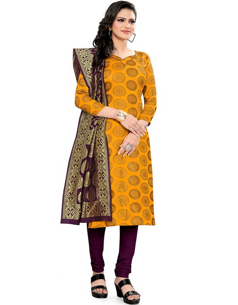 Traditional Party Wear Heavy Salwar Suit Yellow Banarasi Silk Pant Straight Back View