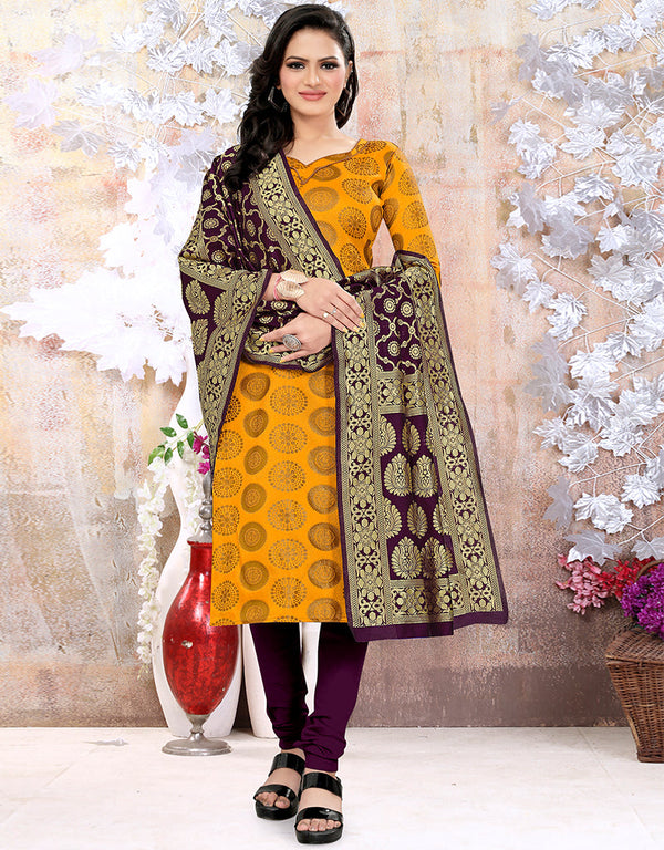 Traditional Party Wear Heavy Salwar Suit Yellow Banarasi Silk Pant Straight Front View