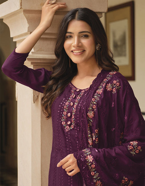 Traditional Party Wear Heavy Salwar Suit Wine Chinon Pant Straight Close-up View