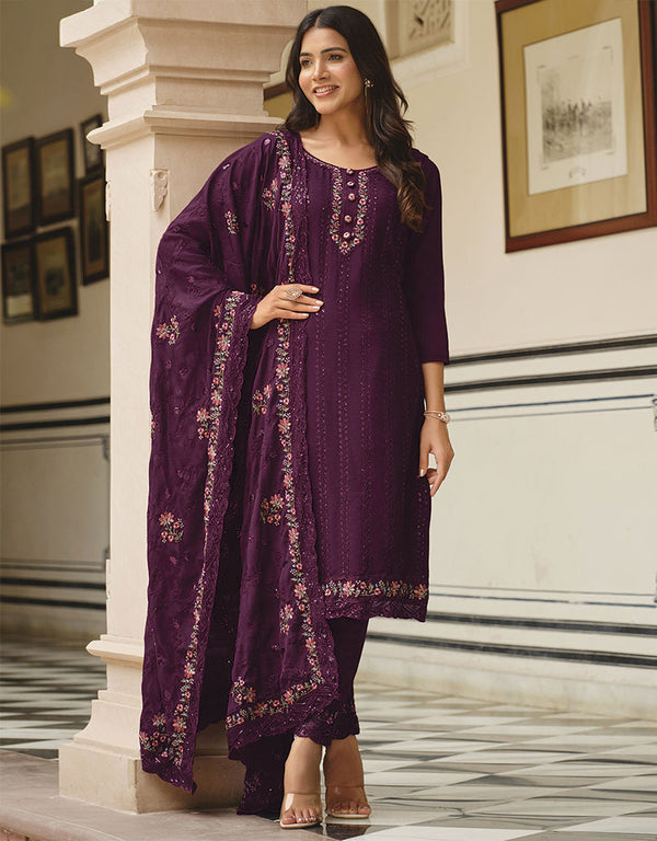 Traditional Party Wear Heavy Salwar Suit Wine Chinon Pant Straight Front View