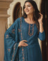 Traditional Party Wear Heavy Salwar Suit Teal Blue Chinon Pant Straight Close-up View