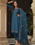Traditional Party Wear Heavy Salwar Suit Teal Blue Chinon Pant Straight Front View