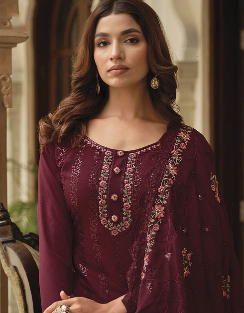 Traditional Party Wear Heavy Salwar Suit Maroon Chinon Pant Straight Close-up View