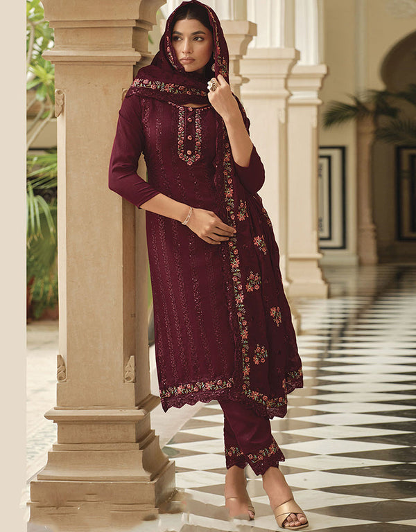 Traditional Party Wear Heavy Salwar Suit Maroon Chinon Pant Straight Front View