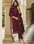 Traditional Party Wear Heavy Salwar Suit Maroon Chinon Pant Straight Front View