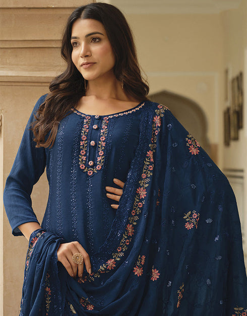 Traditional Party Wear Heavy Salwar Suit Blue Chinon Pant Straight Close-up View