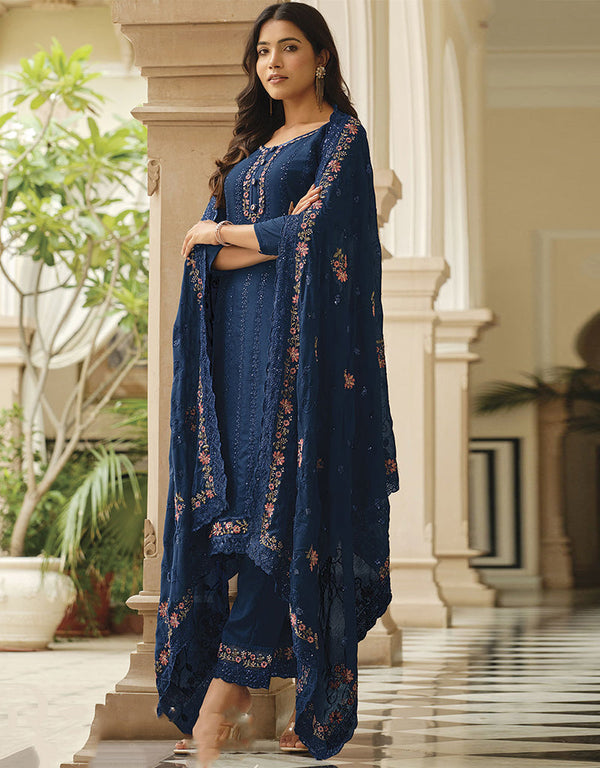 Traditional Party Wear Heavy Salwar Suit Blue Chinon Pant Straight Front View