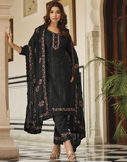 Traditional Party Wear Heavy Salwar Suit Black Chinon Pant Straight Front View