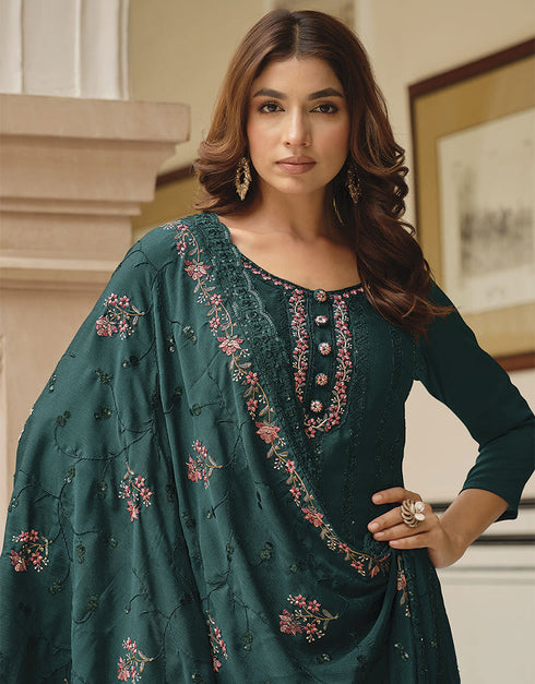 Traditional Party Wear Heavy Salwar Suit Rama Chinon Pant Straight Close-up View