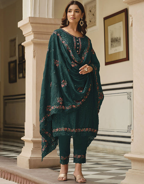 Traditional Party Wear Heavy Salwar Suit Rama Chinon Pant Straight Front View