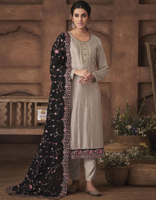 Designer Party Wear Chinon Salwar Suit Beige Chinon Pant Straight Front View
