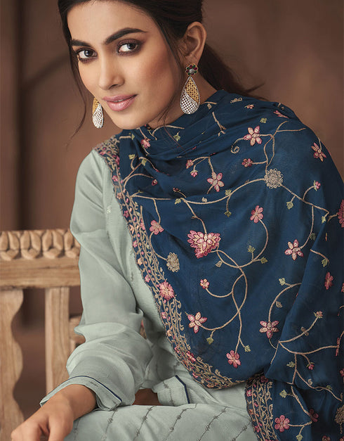 Designer Party Wear Chinon Salwar Suit Blue Chinon Pant Straight Close-up View