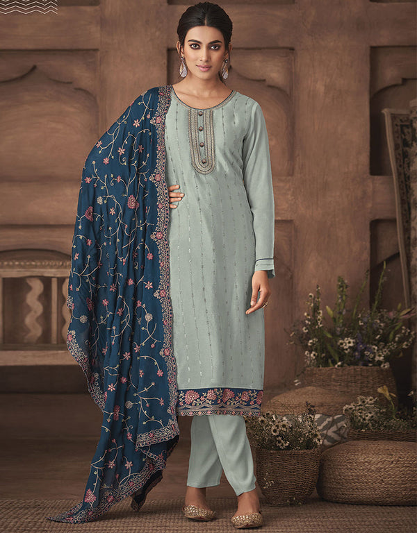 Designer Party Wear Chinon Salwar Suit Blue Chinon Pant Straight Front View