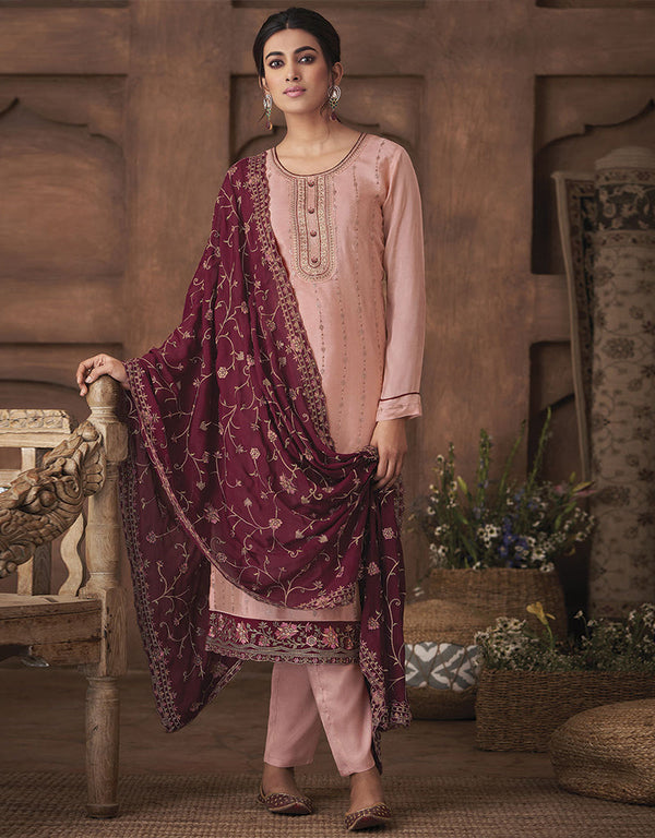 Designer Party Wear Chinon Salwar Suit Peach Chinon Pant Straight Front View